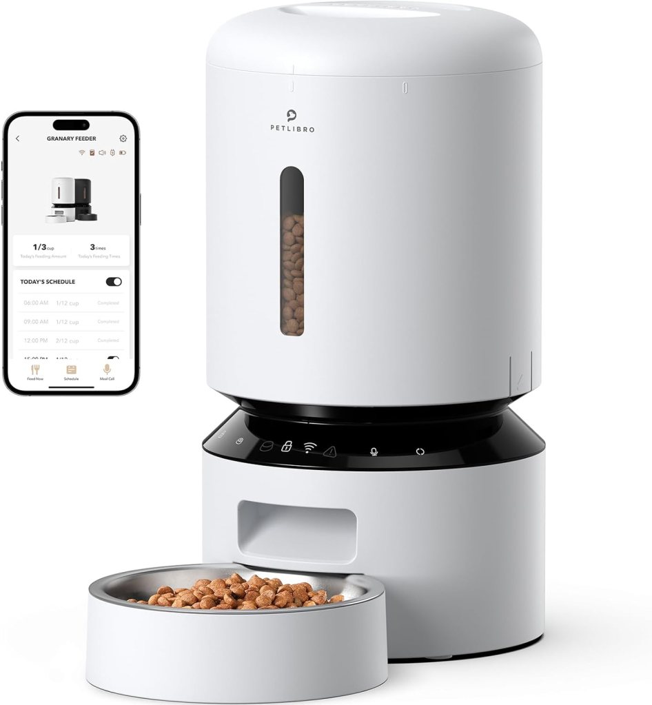 PETLIBRO automatic cat feeder, 5G WiFi-enabled, 5L timed feeder with freshness preservation, low food sensor, and up to 10 meals per day. Granary pet feeder for cats in white.