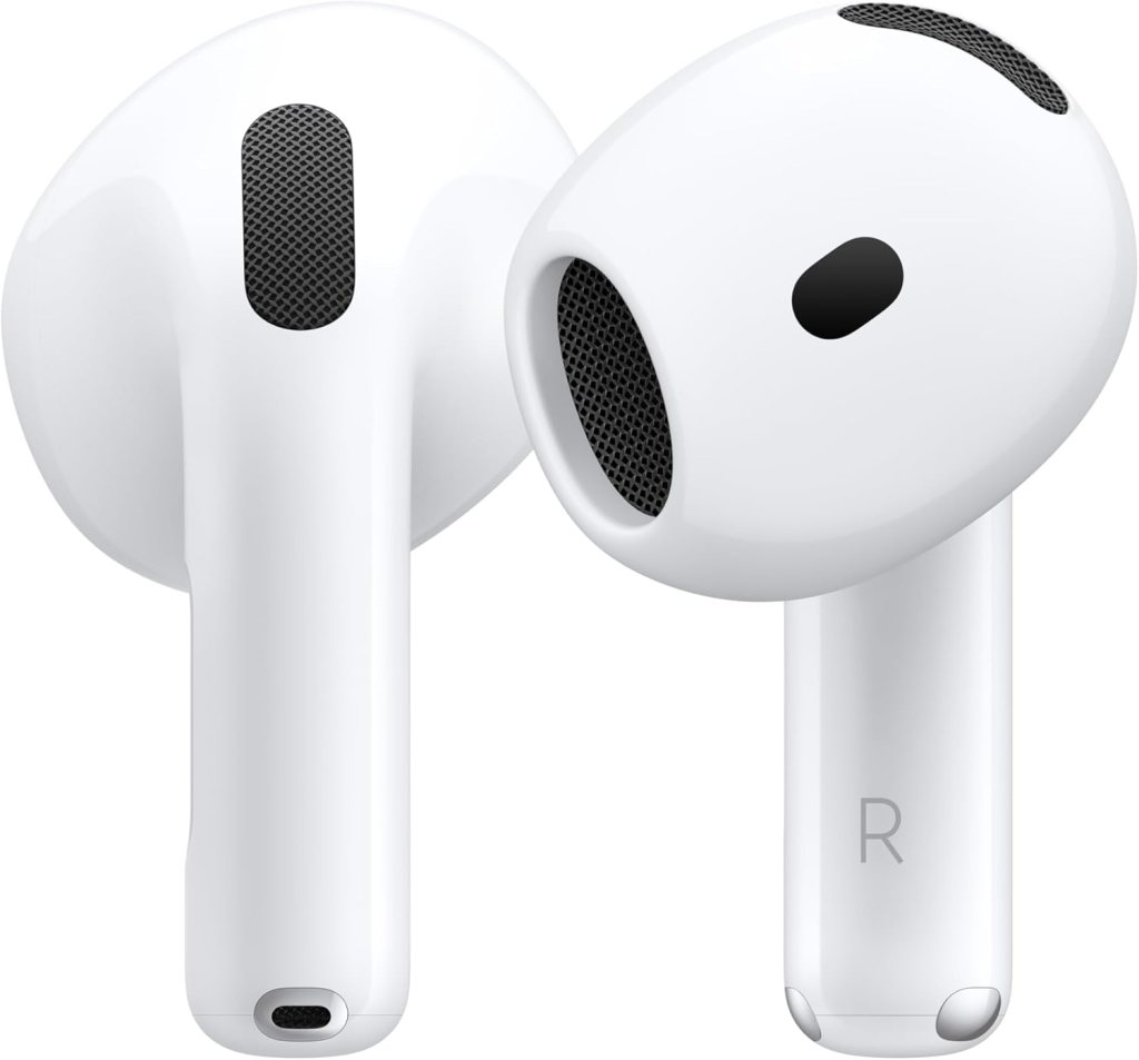 Apple AirPods 4 wireless earbuds with Bluetooth, personalized spatial audio, sweat and water resistance, USB-C charging case, H2 chip, and up to 30 hours of battery life. Effortless setup for iPhone.