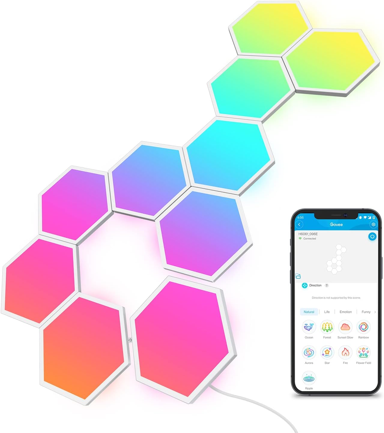 Govee Glide Hexa Light Panels, RGBIC hexagon LED wall lights with music sync, Wi-Fi smart home decor, compatible with Alexa and Google Assistant. 10-pack for indoor and gaming decor.