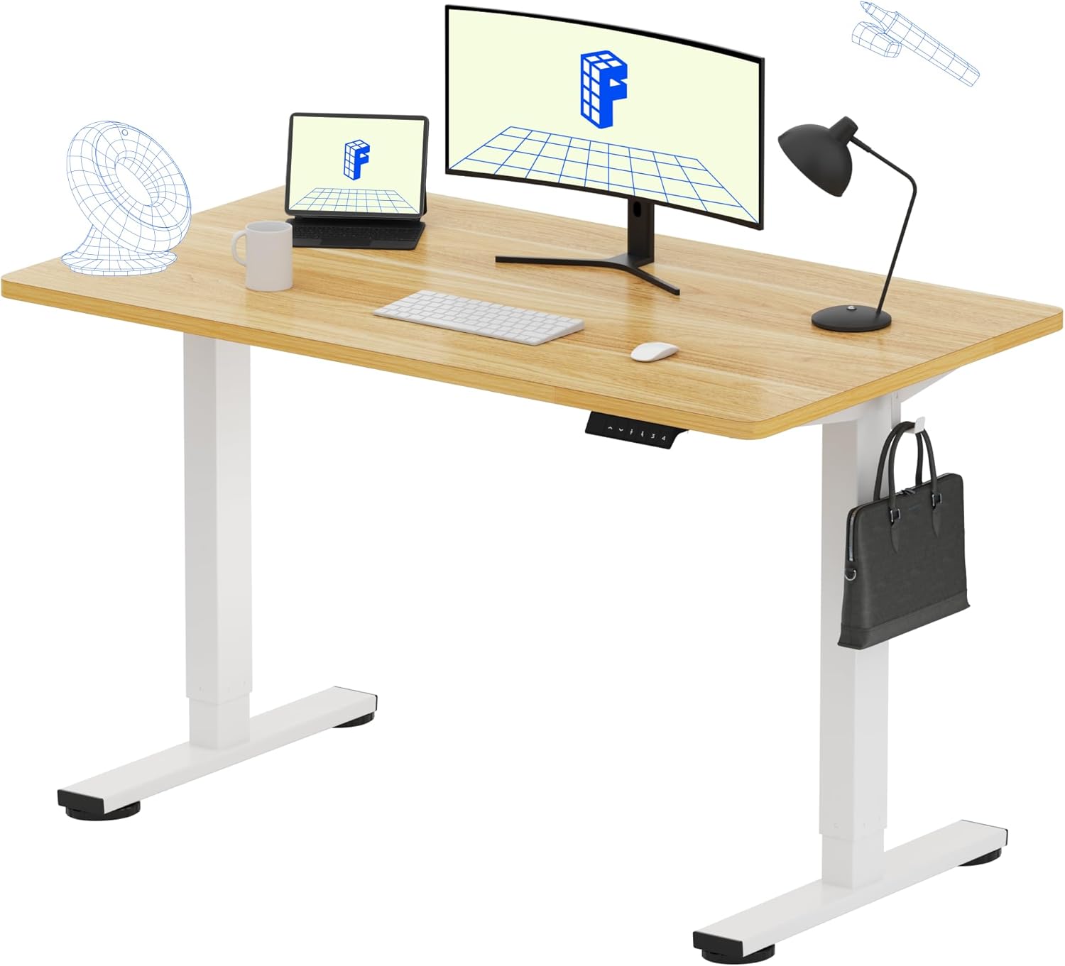 FLEXISPOT EN1 whole-piece standing desk, 48 x 24 inches, height adjustable with white frame and maple desktop. Ideal for home office use with computer or laptop.