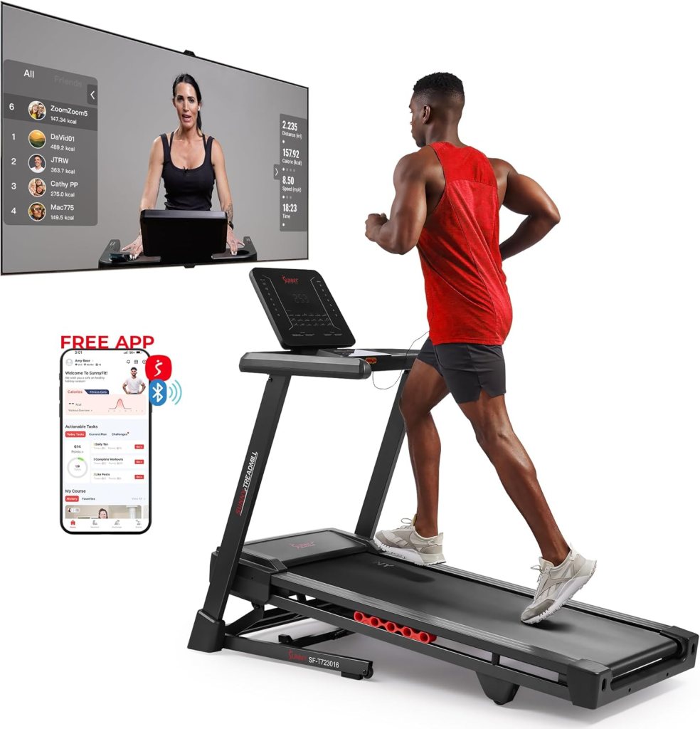 Sunny Health & Fitness heavy-duty treadmill for home use, featuring a 20” wide deck, 15-level auto incline, 300 LB weight capacity, foldable design, digital monitor, and free SunnyFit app Bluetooth connection.