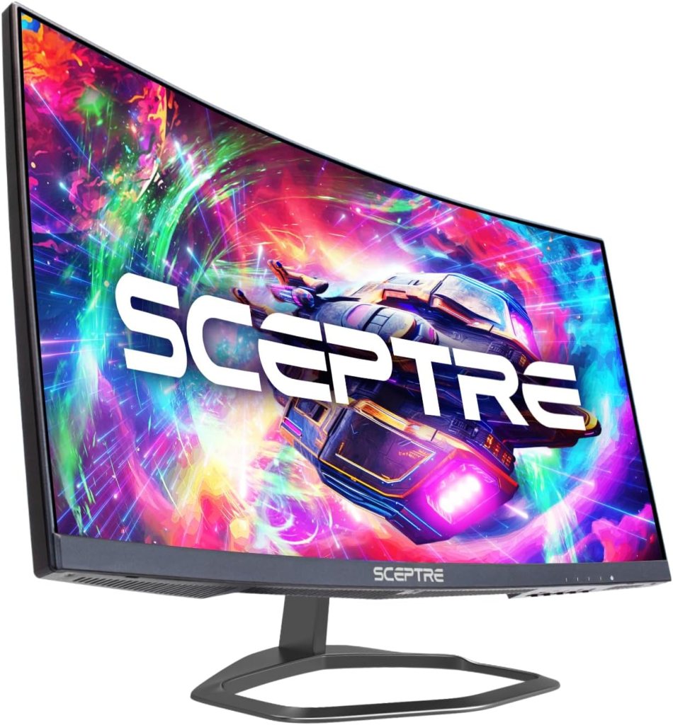 Sceptre 24.5-inch curved gaming monitor with up to 240Hz refresh rate, 1080p resolution, 1ms response time, DisplayPort x2, HDMI x2, blue light shift, and built-in speakers in machine black.