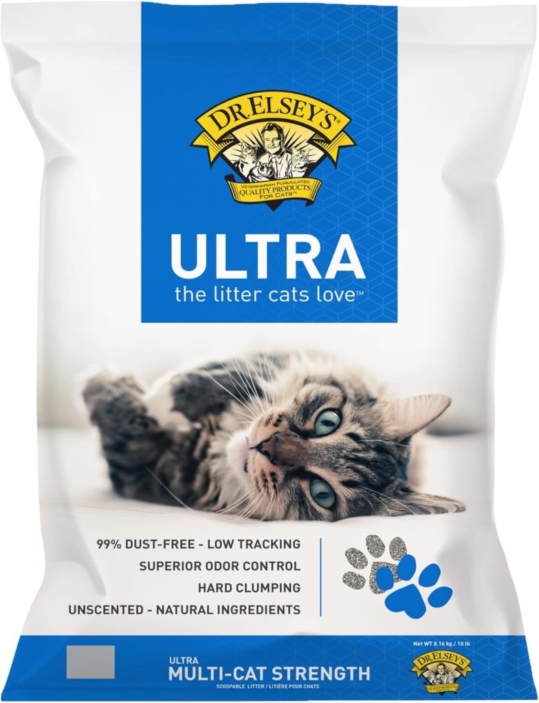 Dr. Elsey's Premium Clumping Cat Litter - Ultra, 99.9% dust-free, low tracking, hard clumping, superior odor control, unscented, and made with natural ingredients.