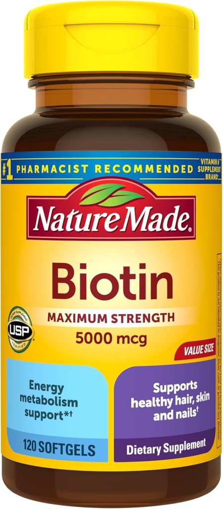 Nature Made Maximum Strength Biotin 5000 mcg dietary supplement for healthy hair, skin, and nails support, featuring 120 softgels.