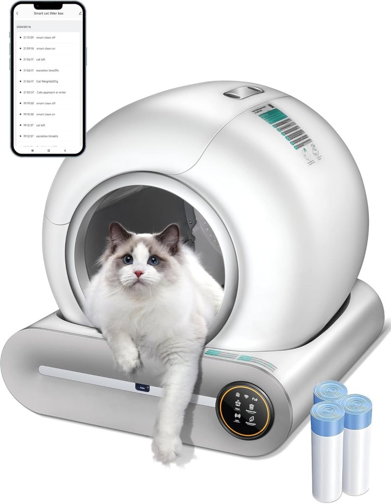 2025 self-cleaning litter box, upgraded robot automatic litter box for multiple cats, 65L+9L extra large capacity, features negative ion sterilization and deodorization, APP control, and health monitor.