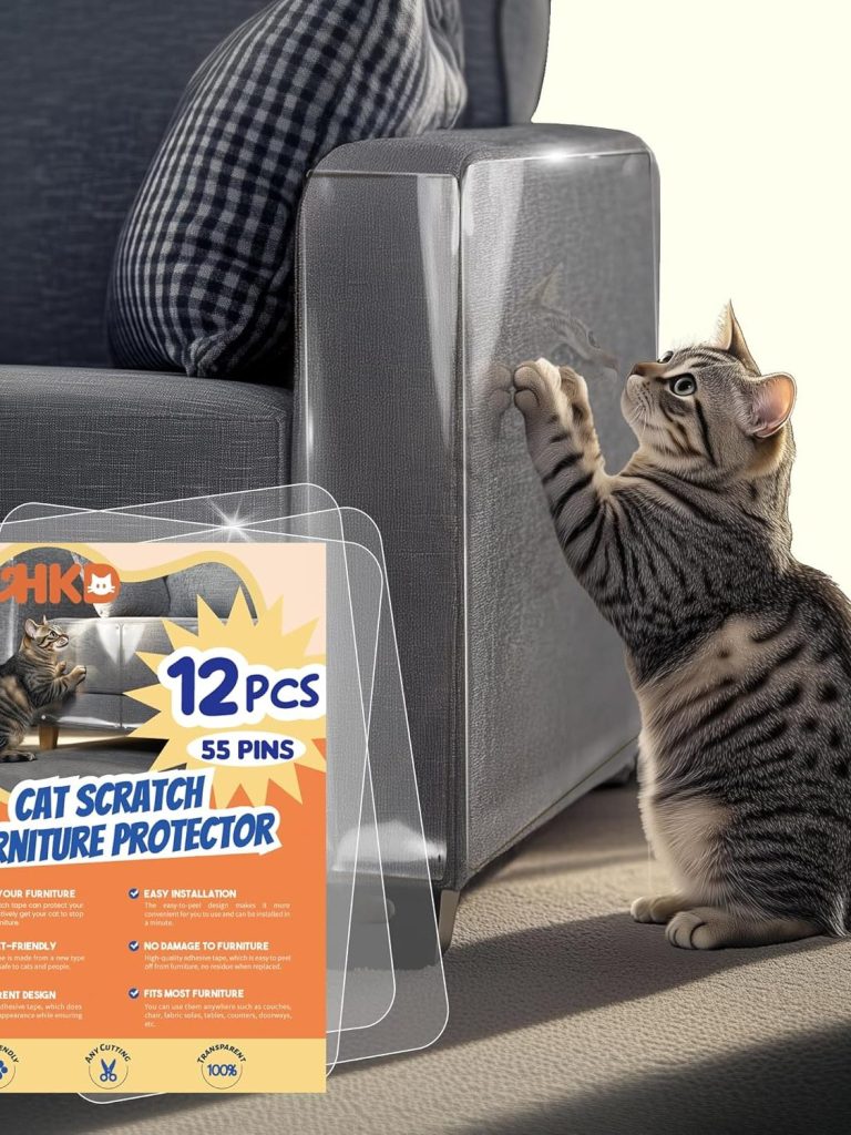 12 pcs cat scratch furniture protector, single-side couch protector with 4 holes, easy to stick and fix. Cat scratch deterrent for furniture, includes 12 protectors and 55 pins.