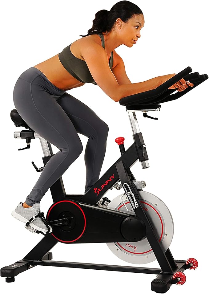 Sunny Health & Fitness magnetic belt drive indoor cycling bike with optional SunnyFit® app connectivity, perfect for home workouts and fitness enthusiasts.