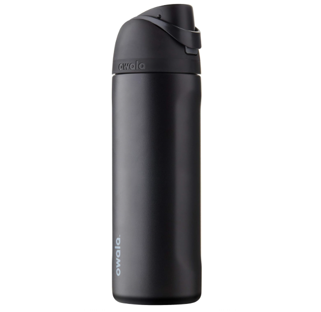 Owala FreeSip 24 oz insulated stainless steel water bottle with straw, designed for sports, travel, and school. BPA-free and features a very dark color.