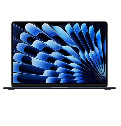 Apple 2024 MacBook Air 15-inch laptop with M3 chip, 15.3-inch Liquid Retina display, 24GB unified memory, 512GB SSD storage, backlit keyboard, and Touch ID in Midnight color.
