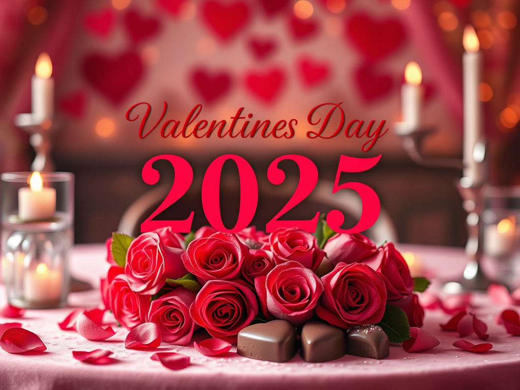 Valentine's Day 2025 with candlelight, hearts in the background, and roses on a table with chocolate hearts